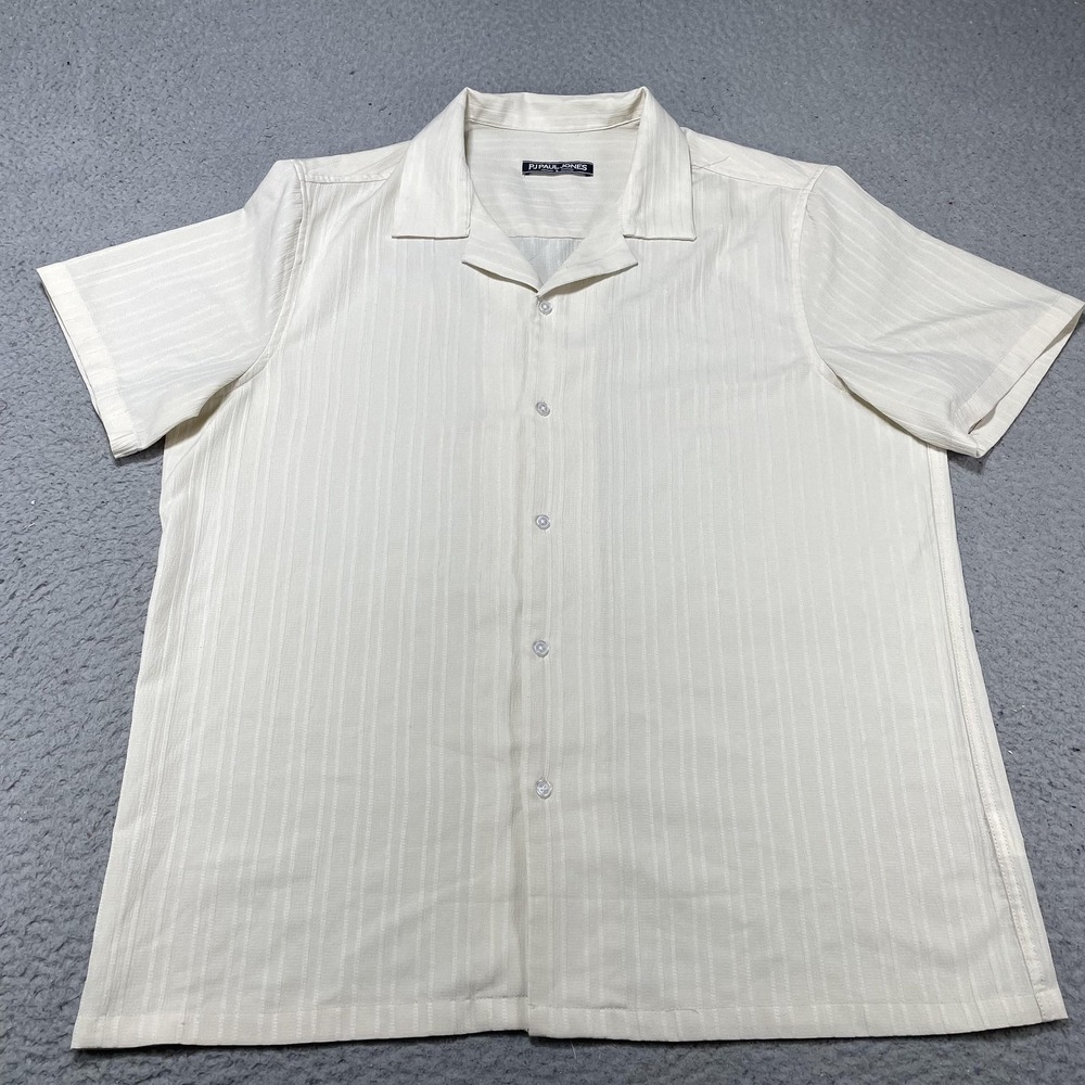 PJ Paul Jones Shirt Mens Large White Stripe Short Sleeve Stretch Button Front